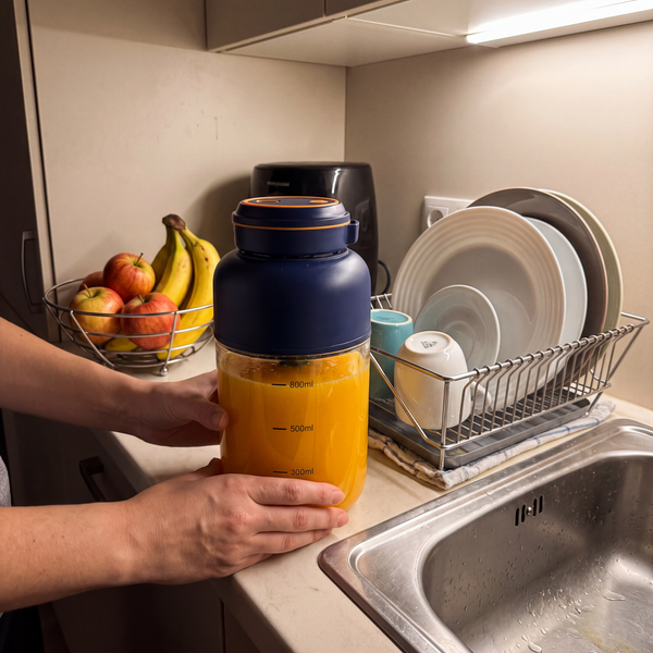 Novum Portable Juicer with orange juice on a kitchen counter