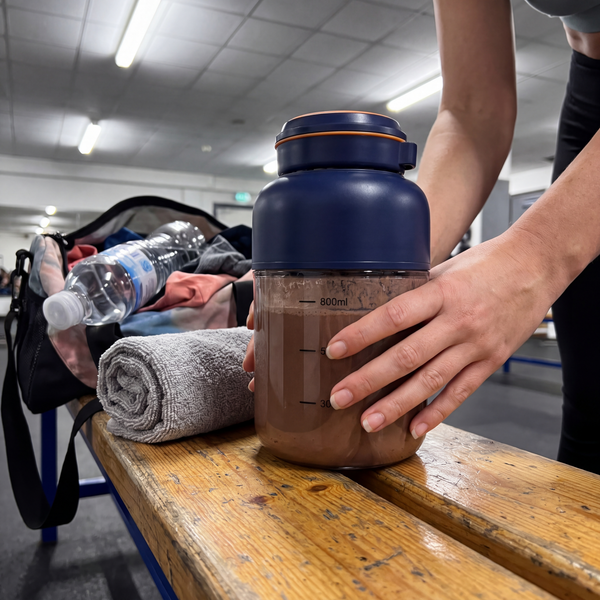 Novum Portable Juicer with a chocolate shake on a gym bench
