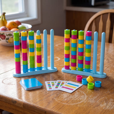 The Color Ring Stack Race Game: two racks, rings and challenge cards