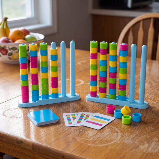The Color Ring Stack Race Game: two racks, rings and challenge cards