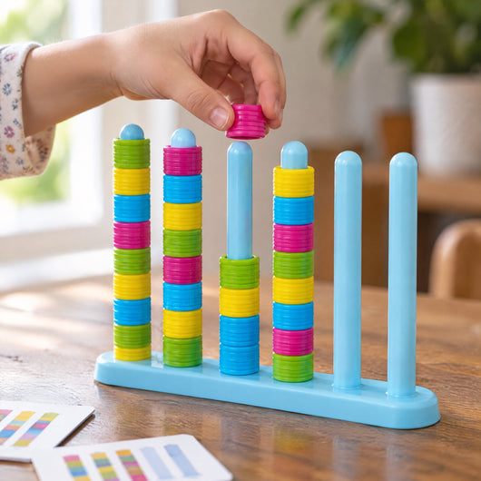 Hand placing a ring on a peg