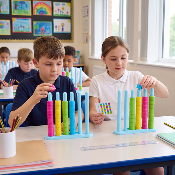 Two pupils solving ring stack challenge cards at a classroom desk