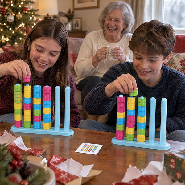 Two cousins racing on the ring stack game by the Christmas tree while their grandmother watches