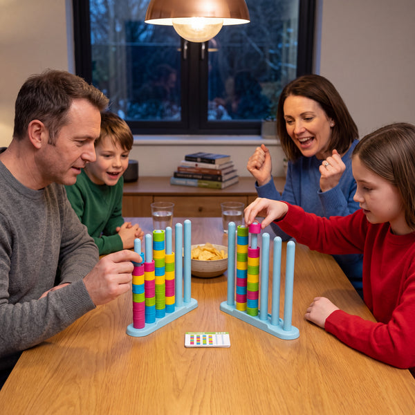 Family of four playing the Color Ring Stack Race Game at the dining table in the evening