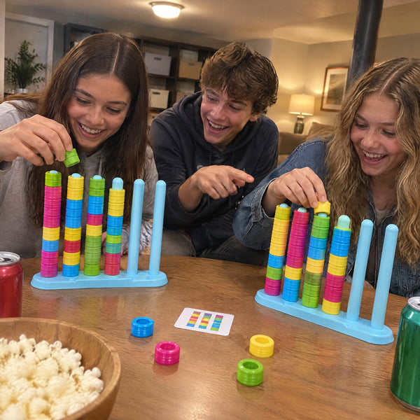 Three teenage friends playing the ring stack race game at a round table