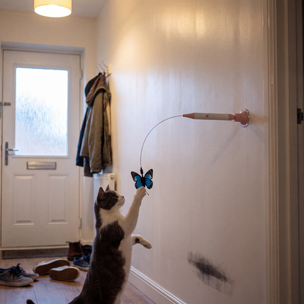 A cat batting the Butterfly Flutter Cat Toy stuck to a hallway wall