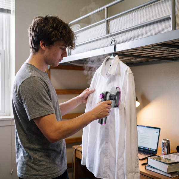 A student steaming a white shirt on a bunk bed frame in a dorm room