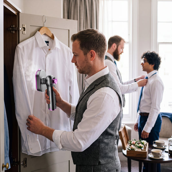 A groomsman steaming a dress shirt on a wedding morning