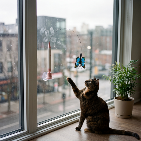 A tortoiseshell cat reaching for the Butterfly Flutter Cat Toy stuck to a window
