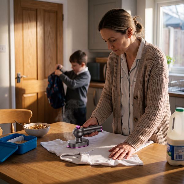 A mother pressing a school polo shirt on the kitchen table