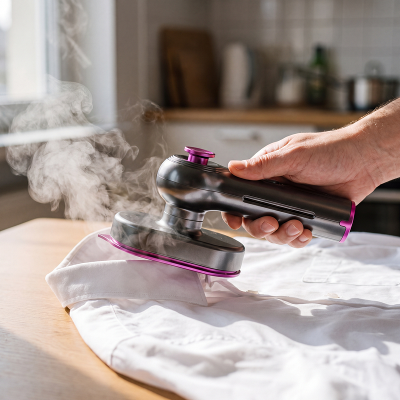 Close-up of the Novum Mini Steam Iron pressing a white shirt collar with steam