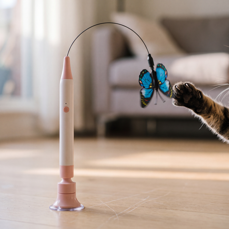 Close-up of a cat's paw reaching for the spinning butterfly