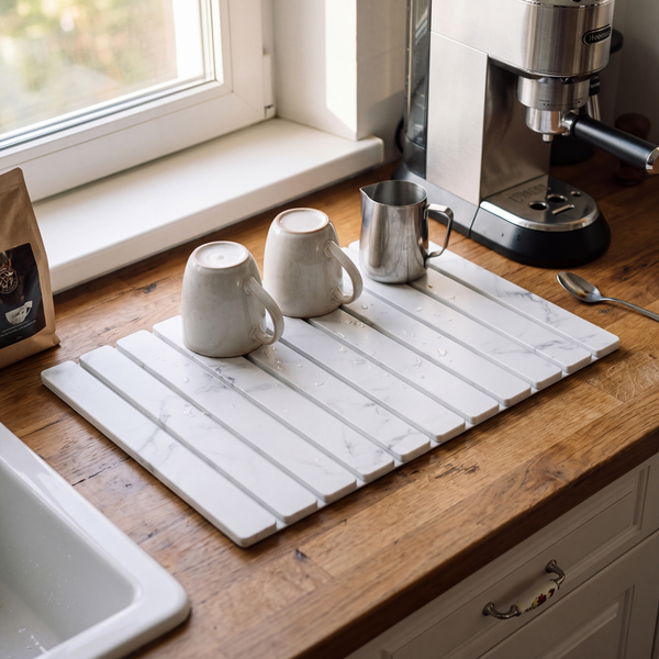Stone drying mat at a coffee station with two mugs and a milk pitcher
