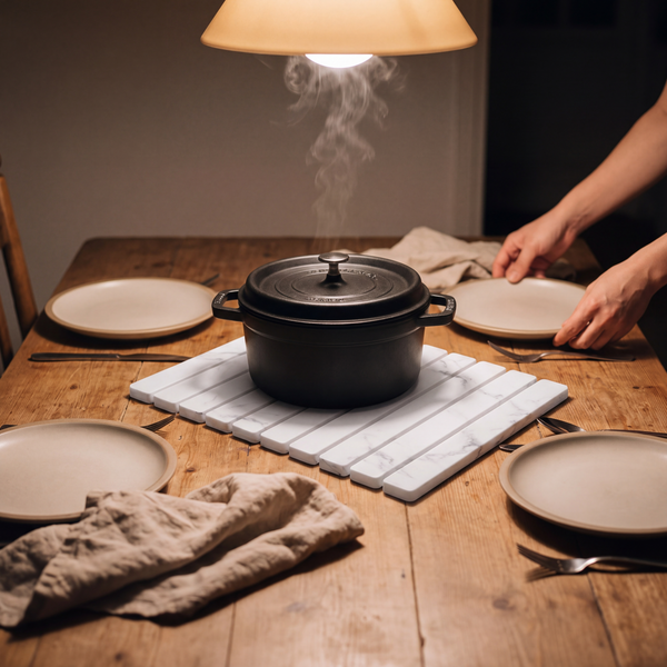 Stone drying mat used as a trivet under a hot casserole