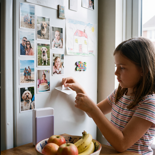 Sticker prints on a family fridge door, the pocket printer on the counter