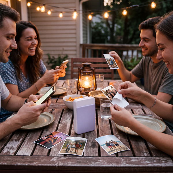Friends printing photos from their phones at an outdoor table