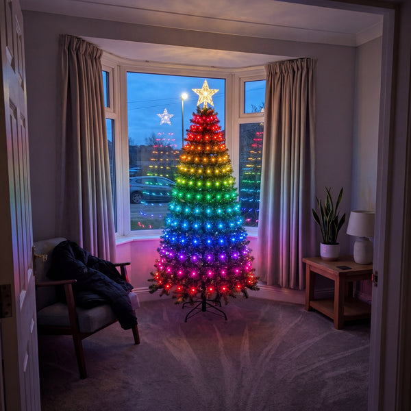 Multicolour tree lights on a Christmas tree in a bay window at dusk