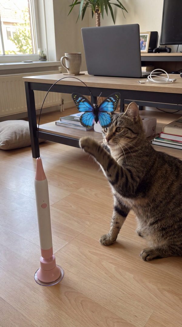 A tabby cat swatting the Butterfly Flutter Cat Toy in an apartment
