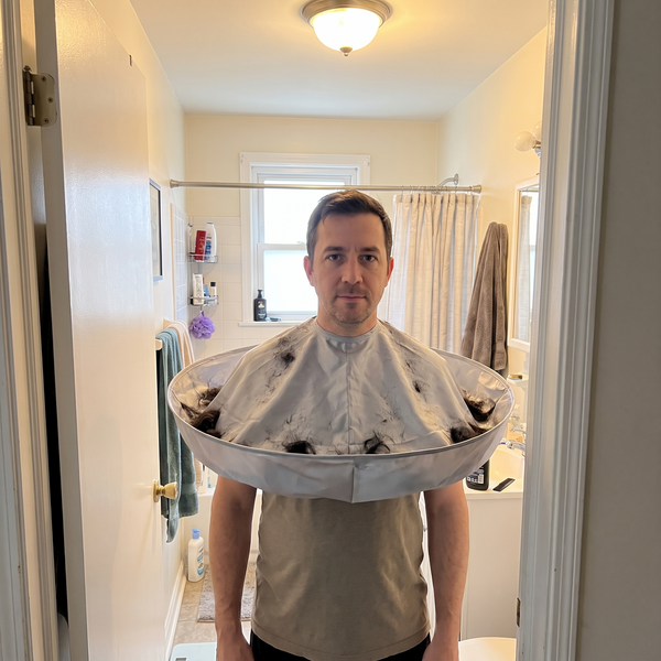 Hair Catcher Cutting Cape after a self-cut in a small bathroom