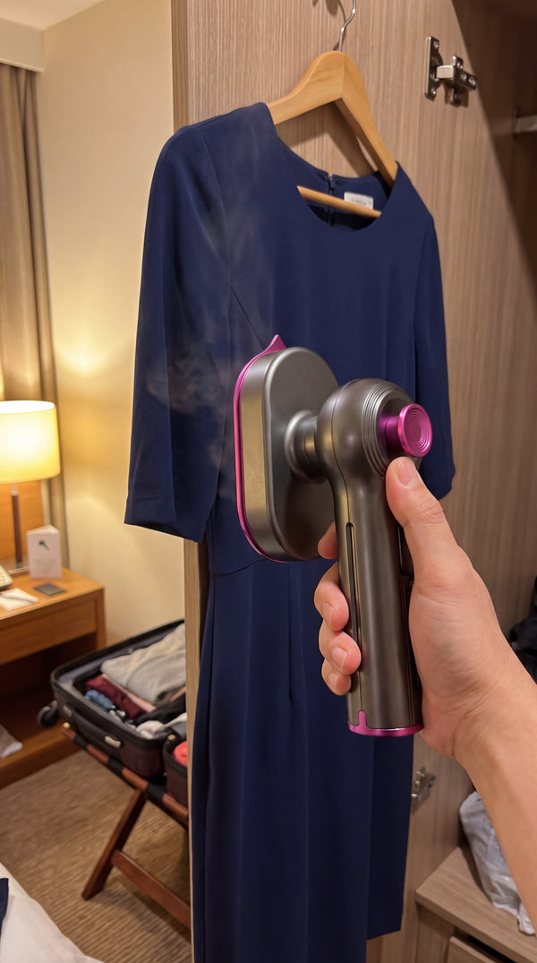 Steaming a navy dress on a hotel wardrobe door