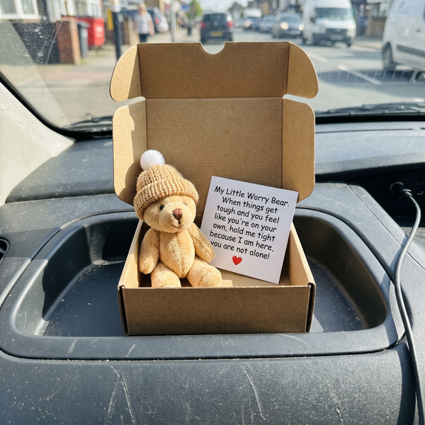 Novum Worry Bear on a car dashboard