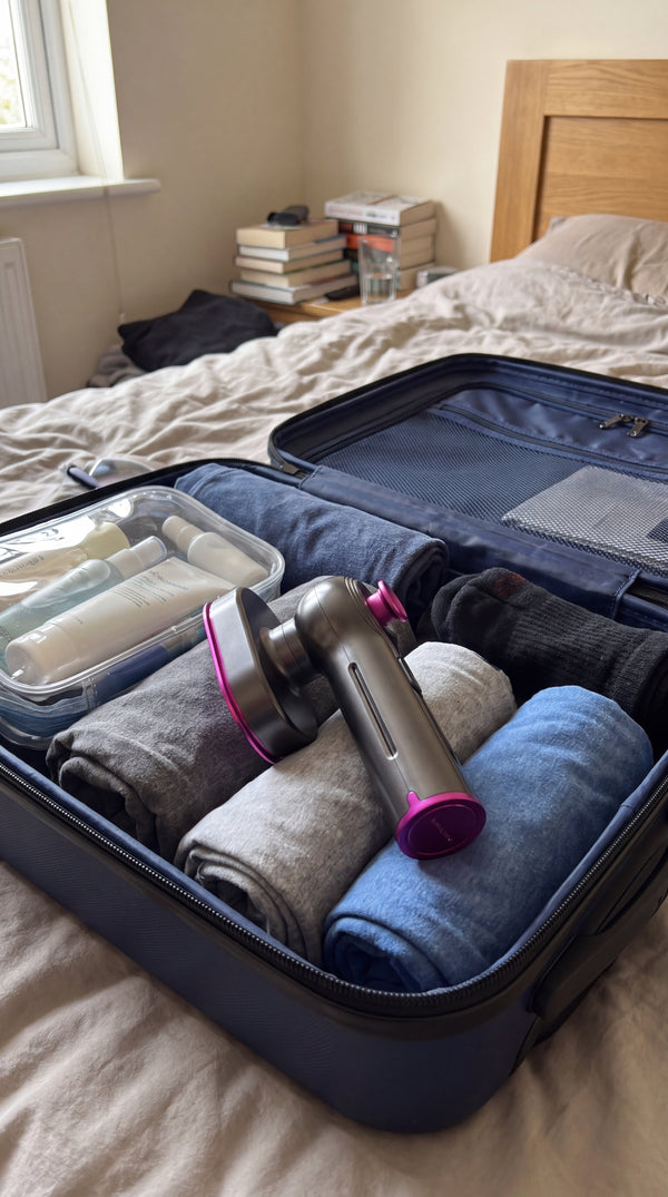 The Novum Mini Steam Iron packed in a carry-on