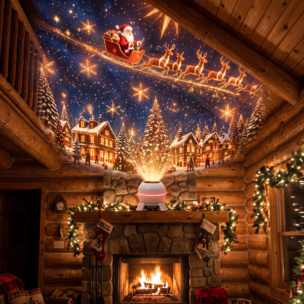 Novum Christmas Projection Light on a cabin mantel