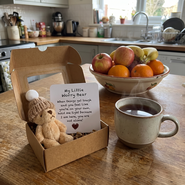 Novum Worry Bear on a kitchen counter beside a mug of tea