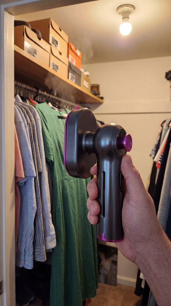 Steaming a green dress in a walk-in closet