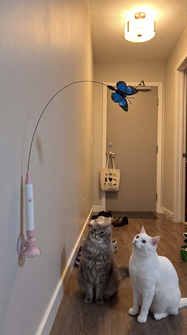 Two cats watching the Butterfly Flutter Cat Toy on a hallway wall