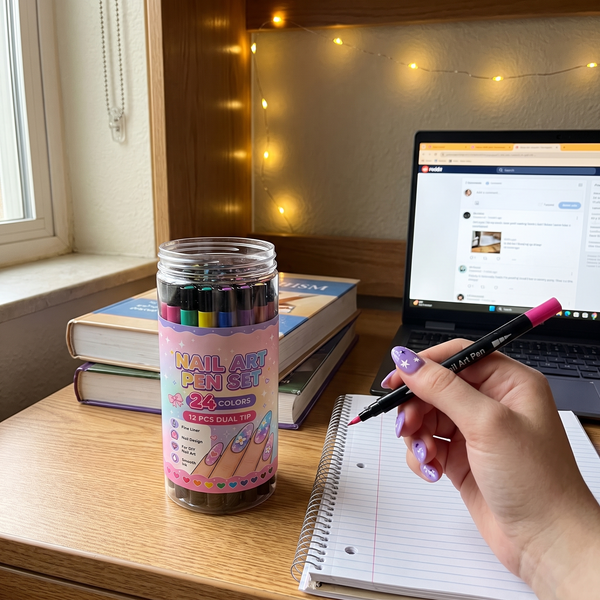 Customer photo: nail pens on a dorm desk
