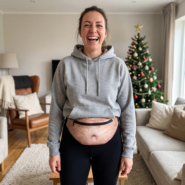 Woman wearing the Belly Pack by the Christmas tree
