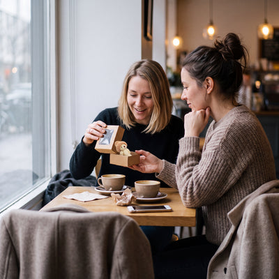 Two friends at a cafe opening a Novum Worry Bear gift box
