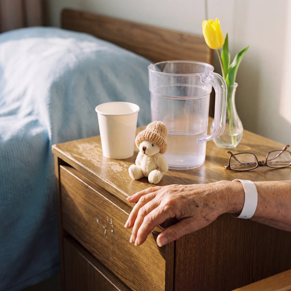 Novum Worry Bear in White on a hospital bedside cabinet