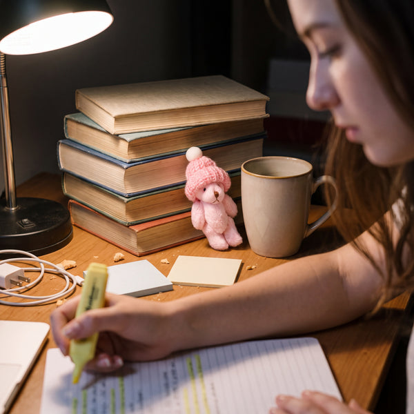 Novum Worry Bear in Pink on a student's desk during exams
