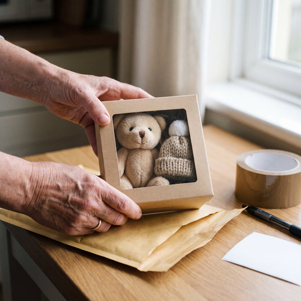 Packing a Novum Worry Bear gift box into a padded envelope