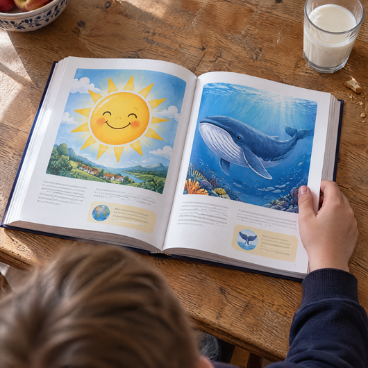 The encyclopedia open on a kitchen table: one cartoon picture per page with a short answer and a fact box