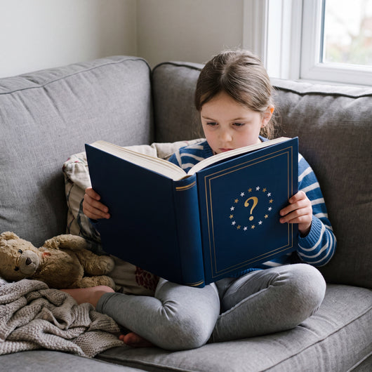 A girl in a striped jumper reads the navy encyclopedia curled up on a grey sofa
