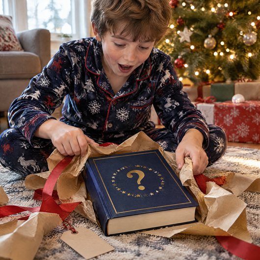 A boy in pyjamas unwraps the navy encyclopedia from brown paper on Christmas morning