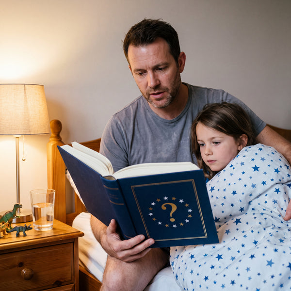A father reads the navy encyclopedia aloud at bedtime while his daughter leans against his arm